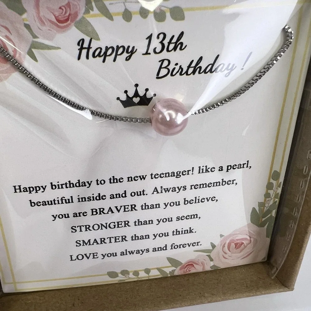 Joycuff Necklace Girls OS Pink New 13th Birthday Pearl Box Chain Pendant Gift
